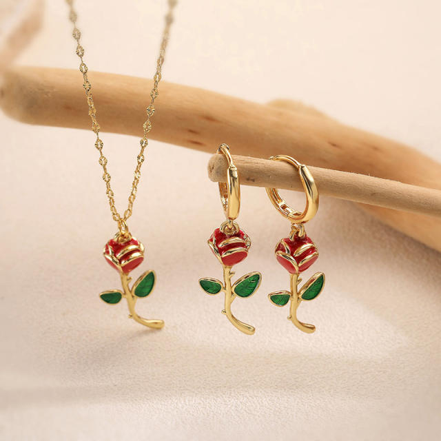 Sweet enamel rose flower pendant copper necklace earrings suit