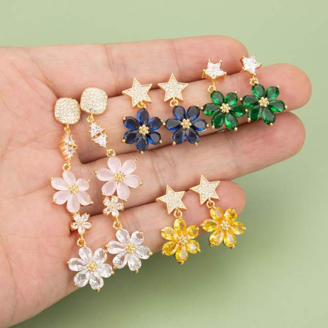 Electroplated 18K gold micro-inlaid colored diamond petal pendant for earrings necklace bracelet 1pcs