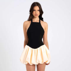 Summer contrast color halter neck women short dress