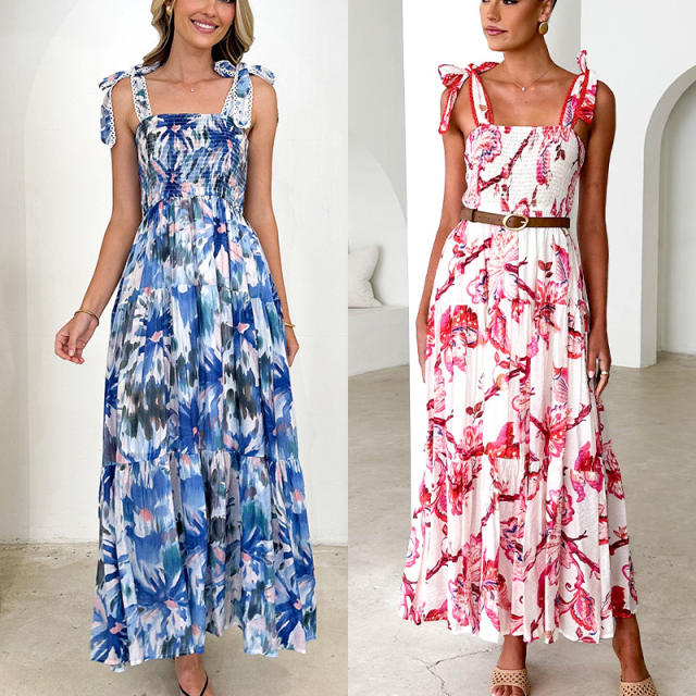Summer flower printed sling elastic waist knot shoulder strap large dress long