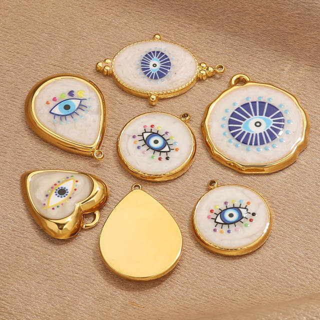 Stainless Steel Vintage Round Blue Eye Pendant DIY Oil Dropping Devil's Eye Bracelet Necklace Keychain Jewelry Accessories 5pcs/pack