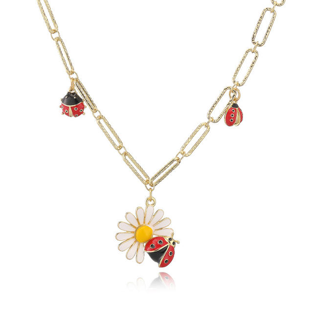 Sweet enamel daisy ladybug charm necklace earrings rings suit