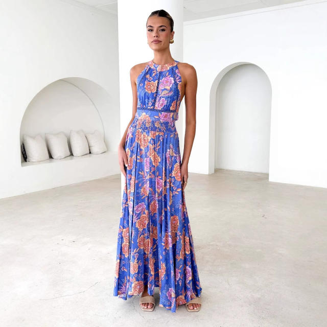 2025 floral Printed halter Neck Beach Bohemian High Waist Backless Floral dress