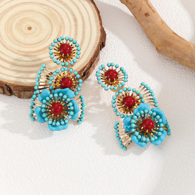 Boho handmade blue bead flower dangle earrings