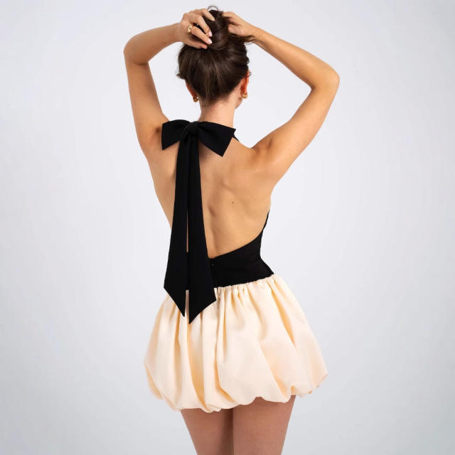 Summer contrast color halter neck women short dress