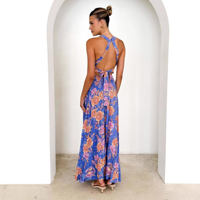 2025 floral Printed halter Neck Beach Bohemian High Waist Backless Floral dress