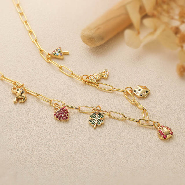 Sweet rhinetone ladybug strawberry heart charm copper necklace