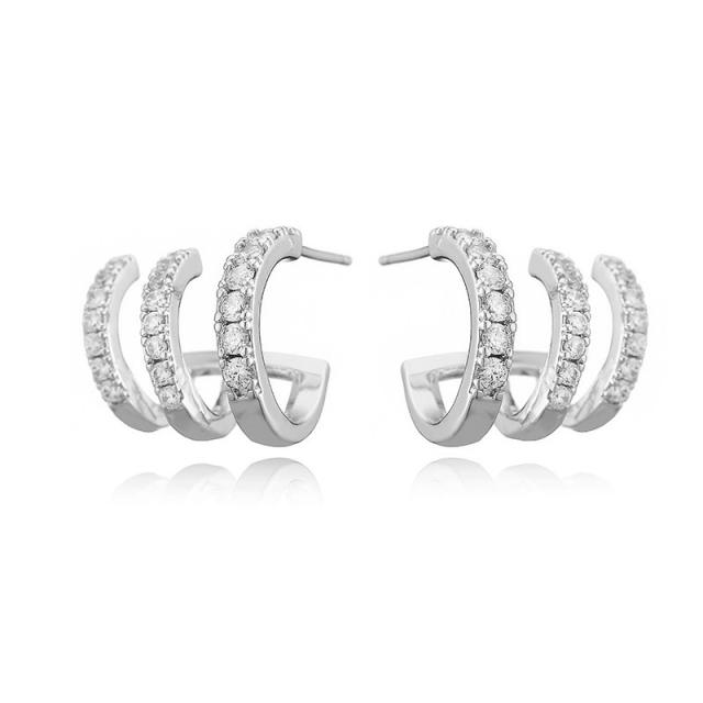 Creative pave setting cubic zircon C shape copper earrings