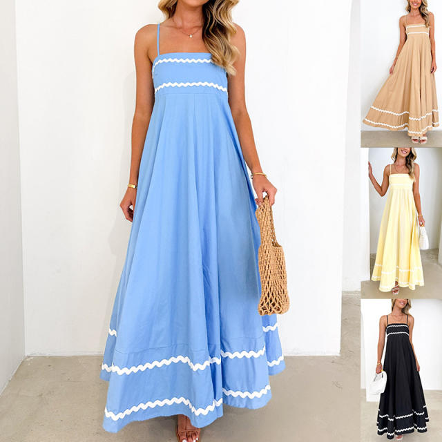 Women's summer new fashion temperament long lace stitching tea break sling dress