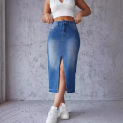 Blue denim skirt skirt women's split hip A- line skirt