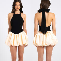 Summer contrast color halter neck women short dress
