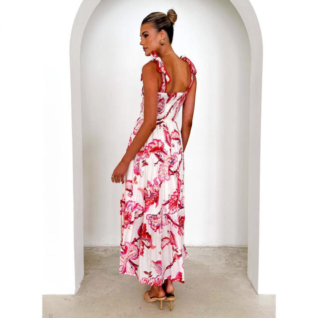 Summer flower printed sling elastic waist knot shoulder strap large dress long