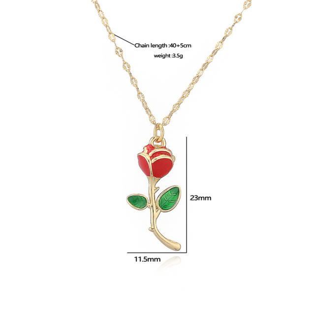 Sweet enamel rose flower pendant copper necklace earrings suit
