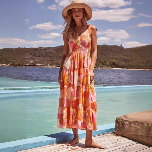 Summer Women's Clothing Leisure Commuter Sleeveless Spice Girl Printed Long Sling dress
