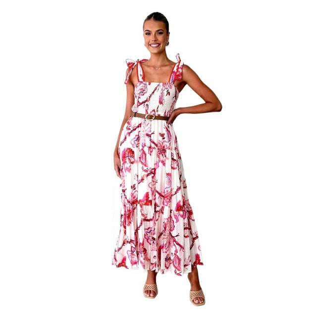 Summer flower printed sling elastic waist knot shoulder strap large dress long