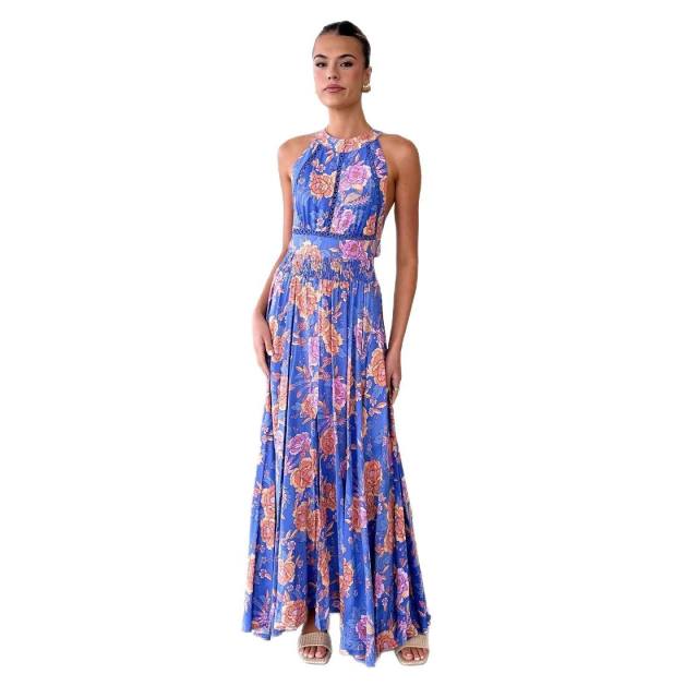 2025 floral Printed halter Neck Beach Bohemian High Waist Backless Floral dress