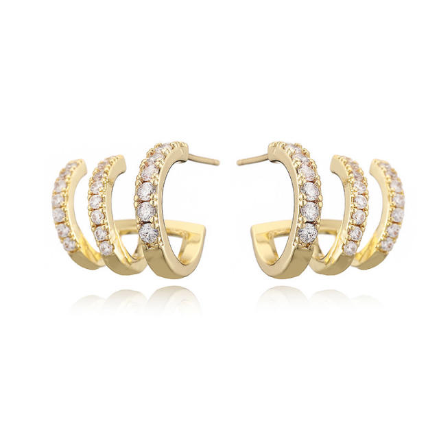 Creative pave setting cubic zircon C shape copper earrings
