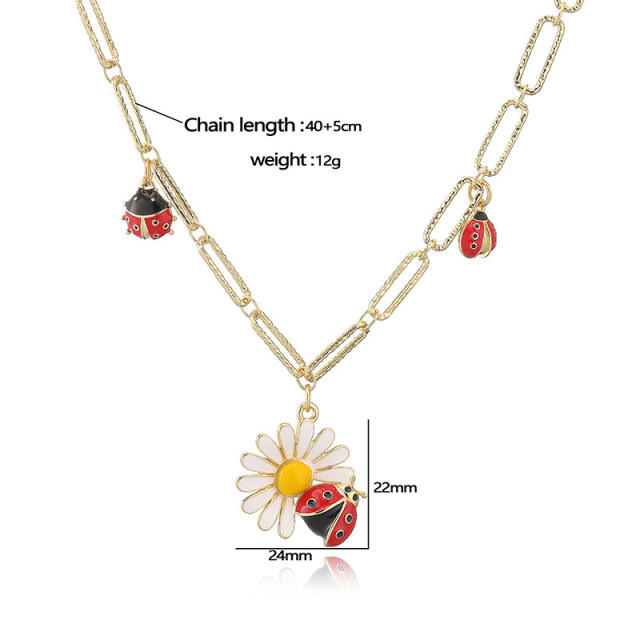Sweet enamel daisy ladybug charm necklace earrings rings suit
