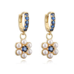 Elegant pearl bead tiny flower copper huggie earrings