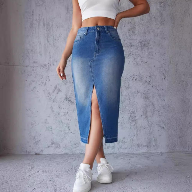 Blue denim skirt skirt women's split hip A- line skirt