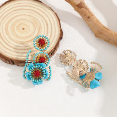 Boho handmade blue bead flower dangle earrings