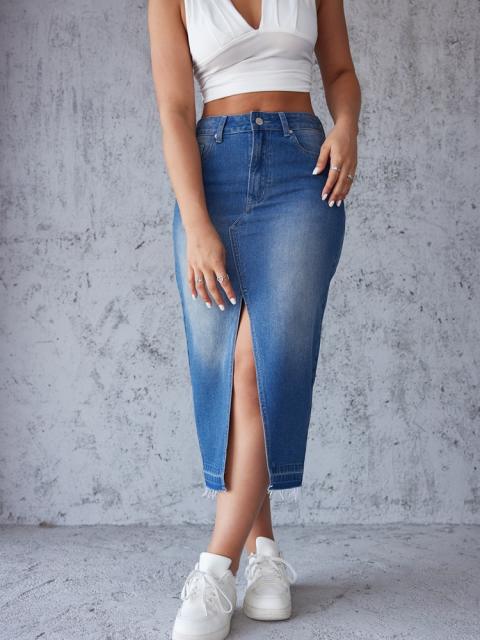 Blue denim skirt skirt women's split hip A- line skirt