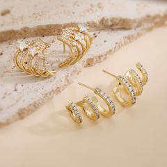 Creative pave setting cubic zircon C shape copper earrings