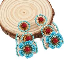 Boho handmade blue bead flower dangle earrings