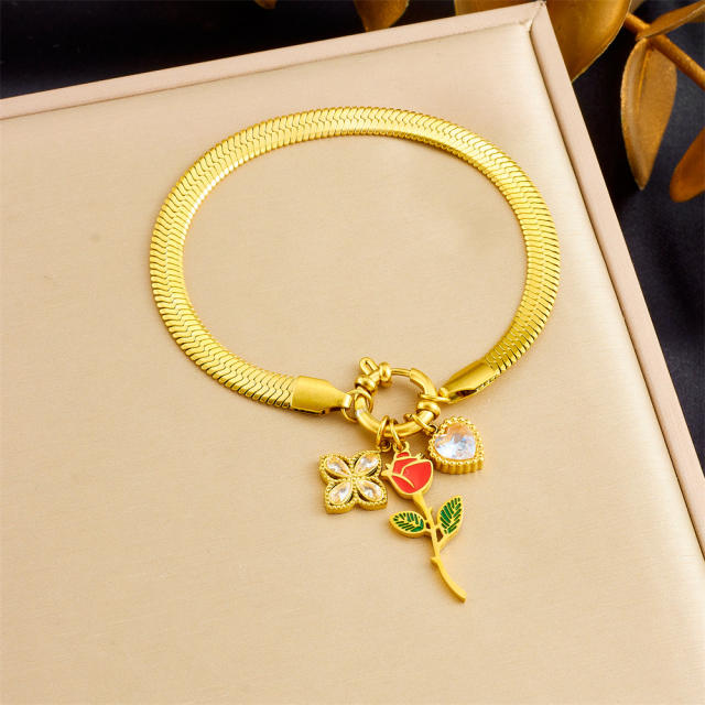 Enamel rose flower clover diamond charm snake chain stainless steel bracelet