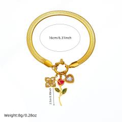 Enamel rose flower clover diamond charm snake chain stainless steel bracelet