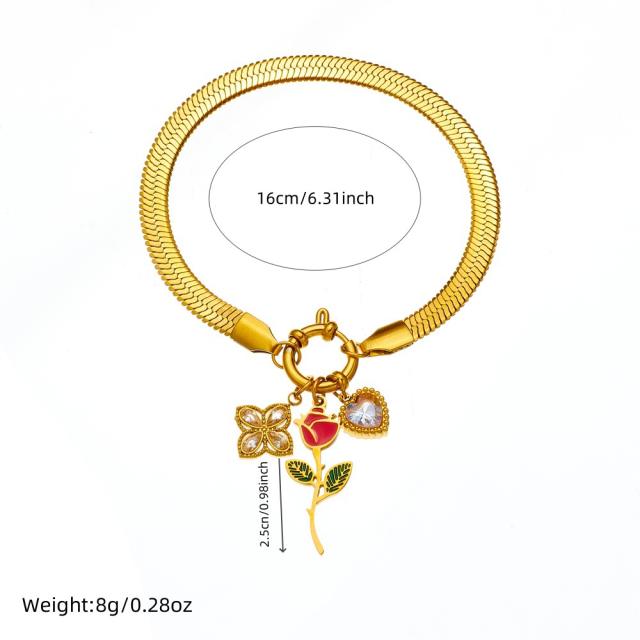 Enamel rose flower clover diamond charm snake chain stainless steel bracelet