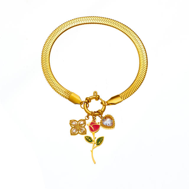 Enamel rose flower clover diamond charm snake chain stainless steel bracelet