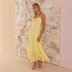 2025 sleeveless stitching sling long backless lace-up dress