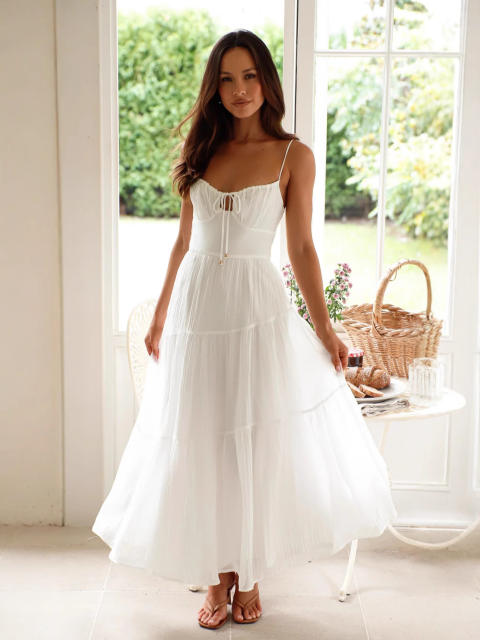 2025 sleeveless stitching sling long backless lace-up dress