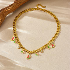Korean fashion enamel watermelon charm stainless steel necklace