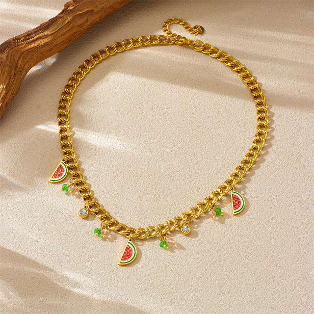 Korean fashion enamel watermelon charm stainless steel necklace
