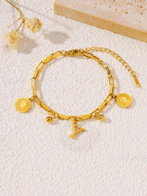 Queen letter coin charm initial letter charm stainless steel bracelet
