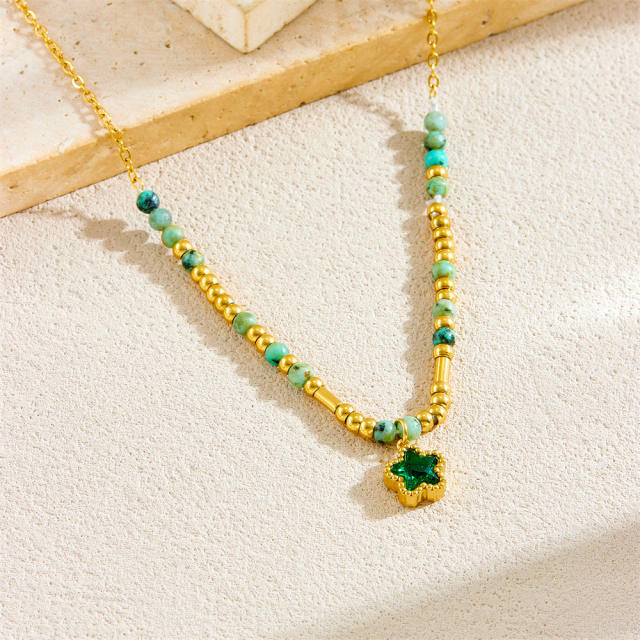 Summer fresh green color cubic zircon inlaid star pendant stainless steel necklace