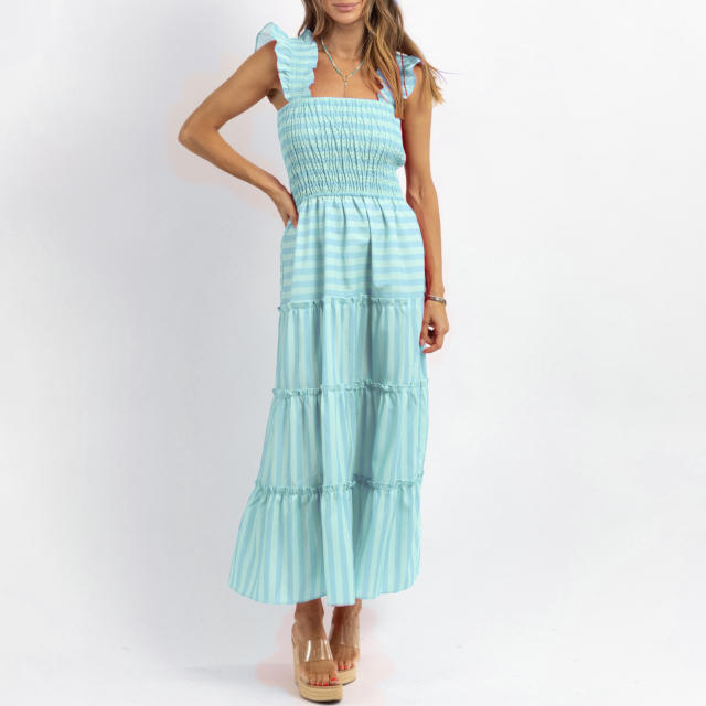 Women's Striped Sleeveless Ruffled Skirt Long Sweet dress Women
