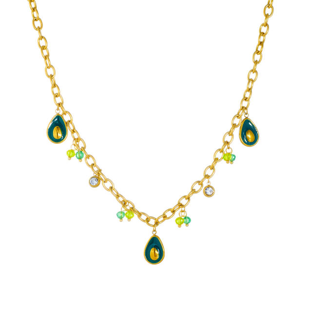 Summer enamel avocado sweet charm stainless steel necklace