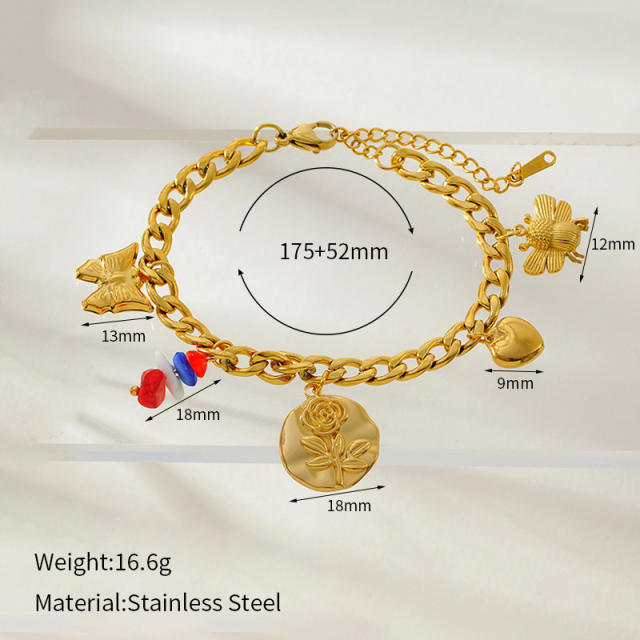 New Fashion Flower Love Multi-pendant charm bracelet stainless steel bracelet