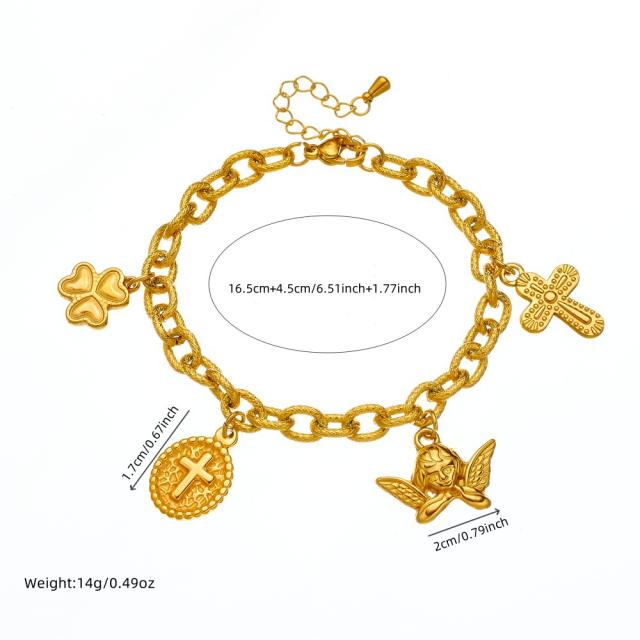 Vintage thich chain cross angel charm stainless steel bracelet