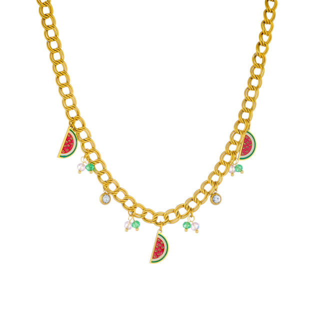 Korean fashion enamel watermelon charm stainless steel necklace
