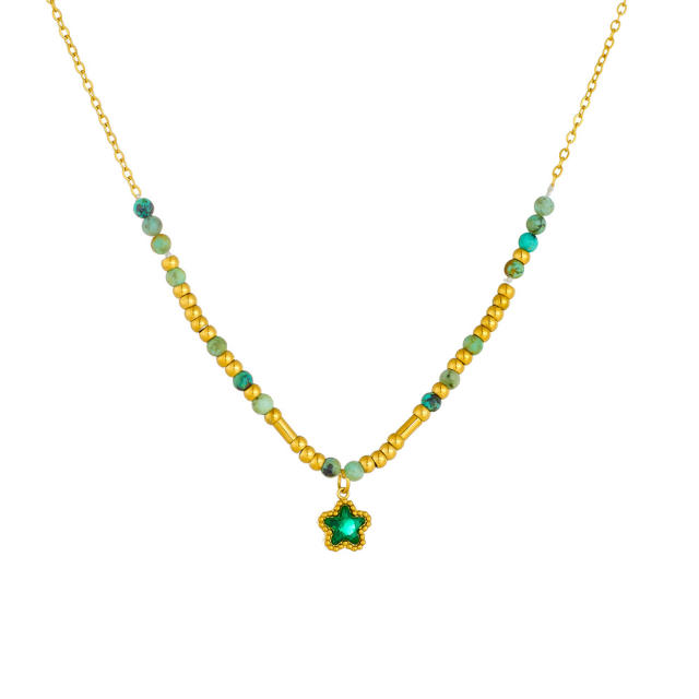 Summer fresh green color cubic zircon inlaid star pendant stainless steel necklace
