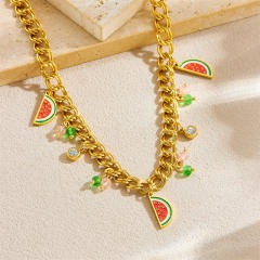 Korean fashion enamel watermelon charm stainless steel necklace