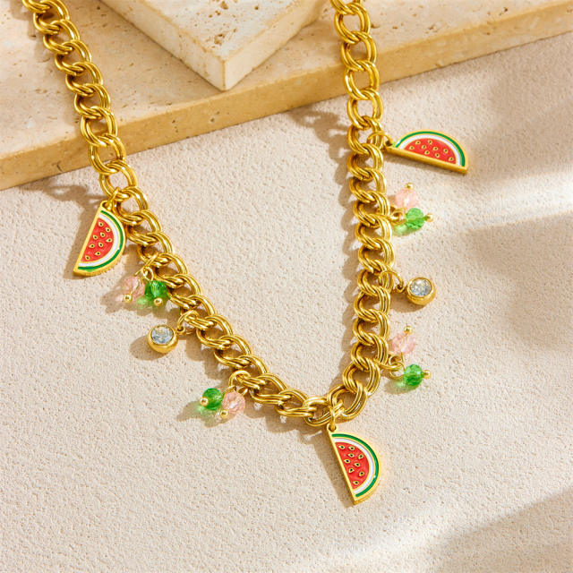 Korean fashion enamel watermelon charm stainless steel necklace