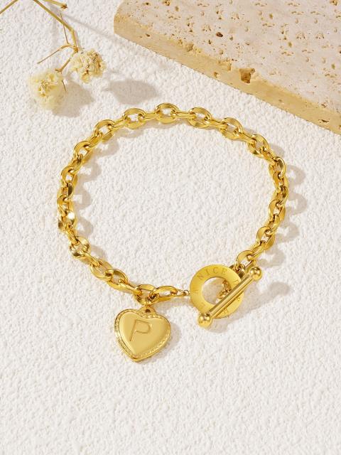 Initial heart charm stainless steel chain bracelet toggle bracelet