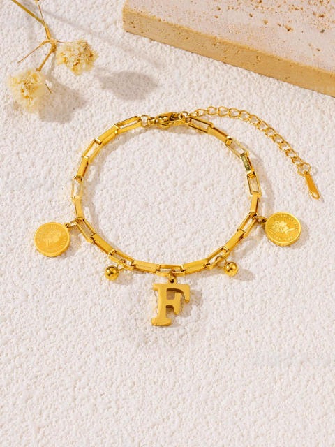 Queen letter coin charm initial letter charm stainless steel bracelet