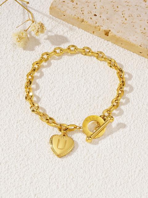 Initial heart charm stainless steel chain bracelet toggle bracelet