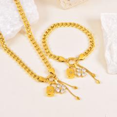 Thick chain diamond clover block charm stainless steel necklace bracelet suit